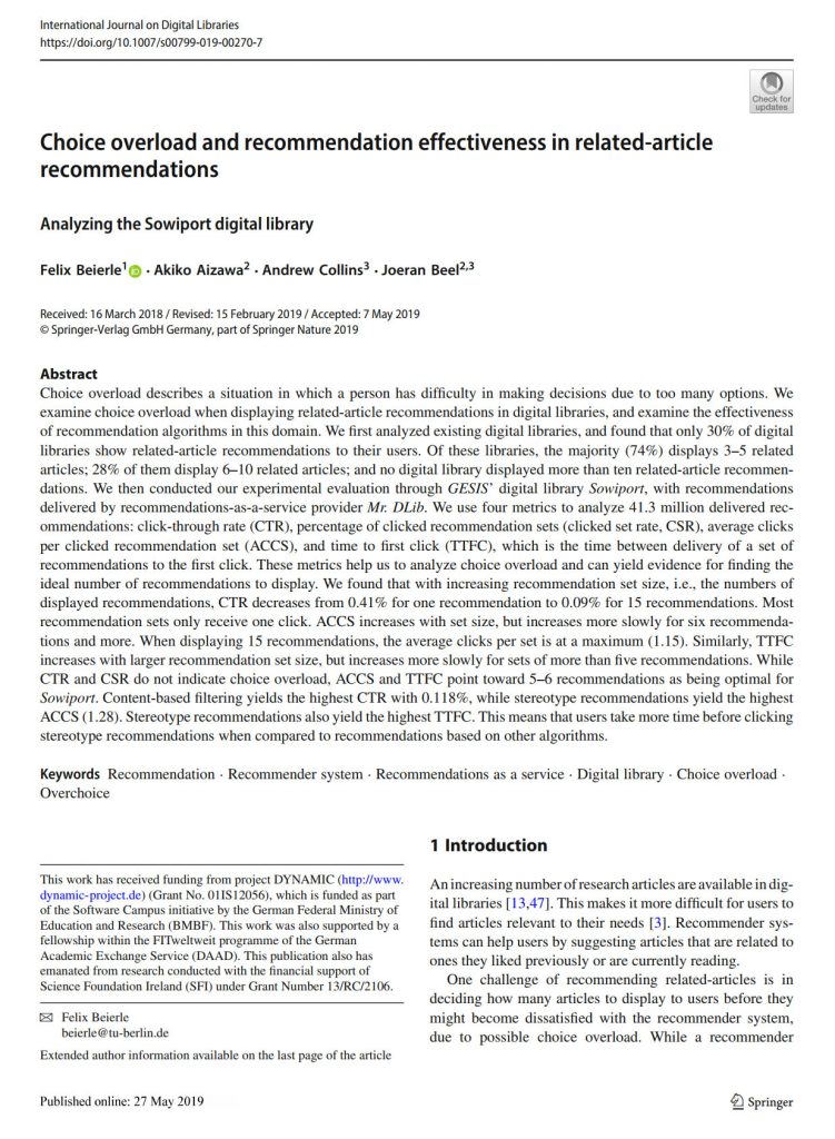 Choice Overload and Recommendation Effectiveness in Related-Article Recommendations, Screenshot