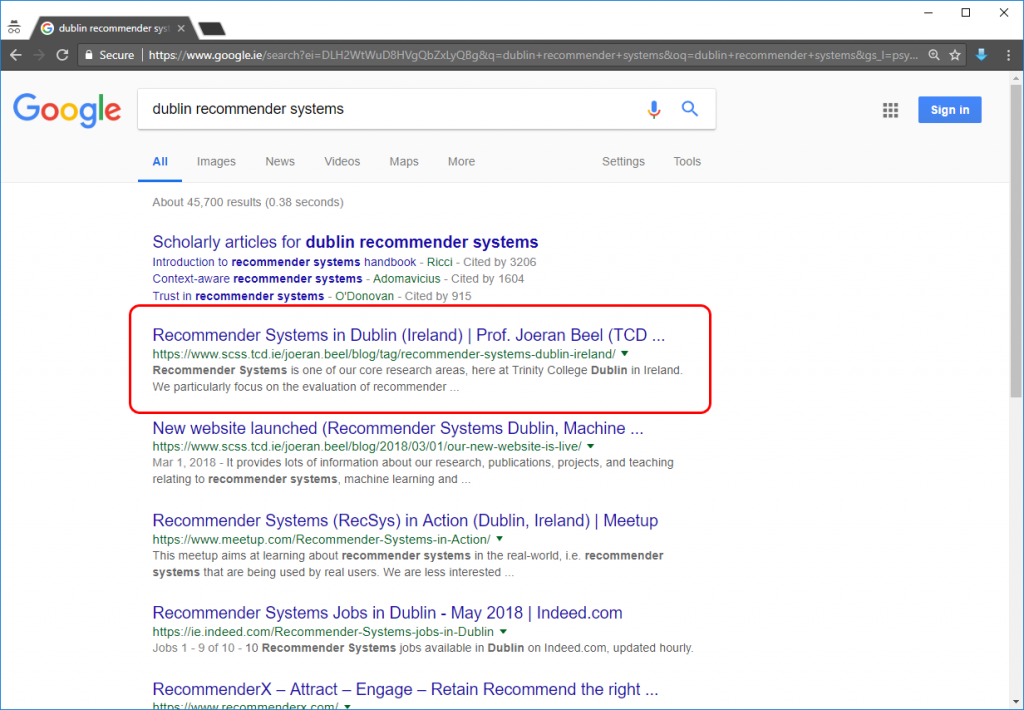 'dublin recommender systems' Google results