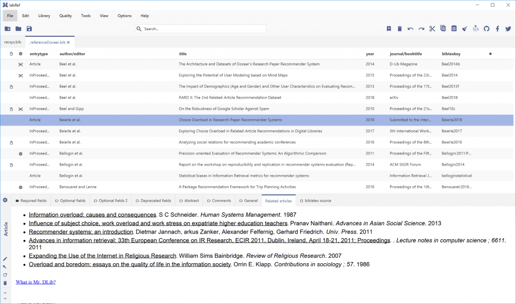 JabRef Screenshot with Related-Article Recommendations from Mr. DLib's Recommender-System As-a-Service