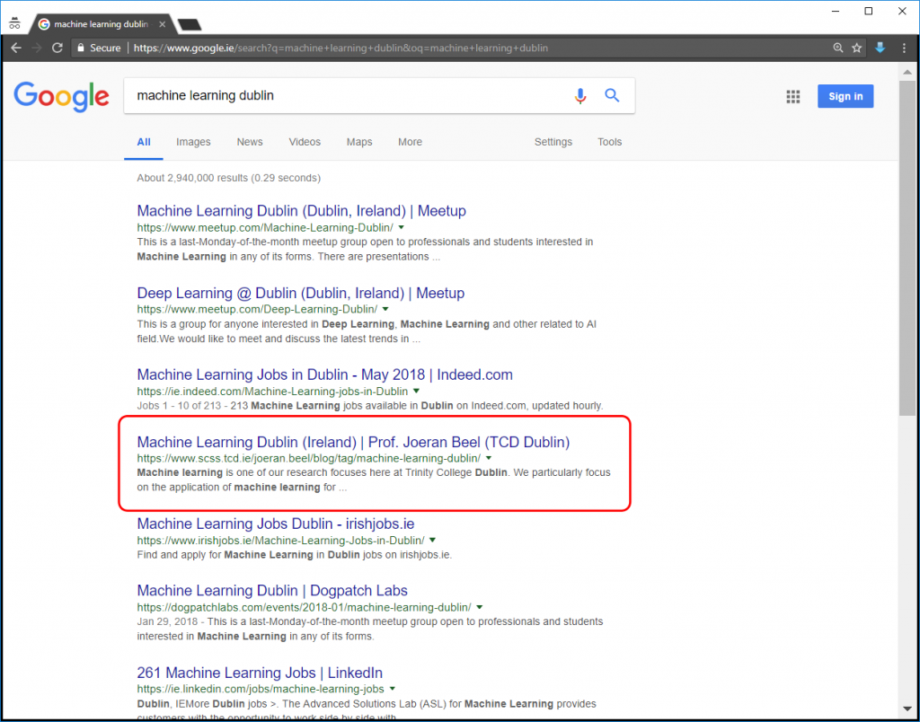 ‘Machine Learning Dublin‘ Search Results on Google