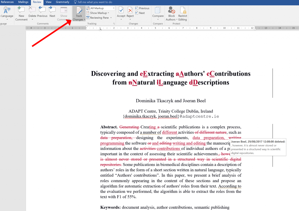 microsoft word writing academic documents vs latex -- track changes - 01 others changes machine learning research dublin ireland recommender systems