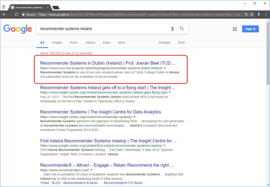 'recommender systems ireland' Google results