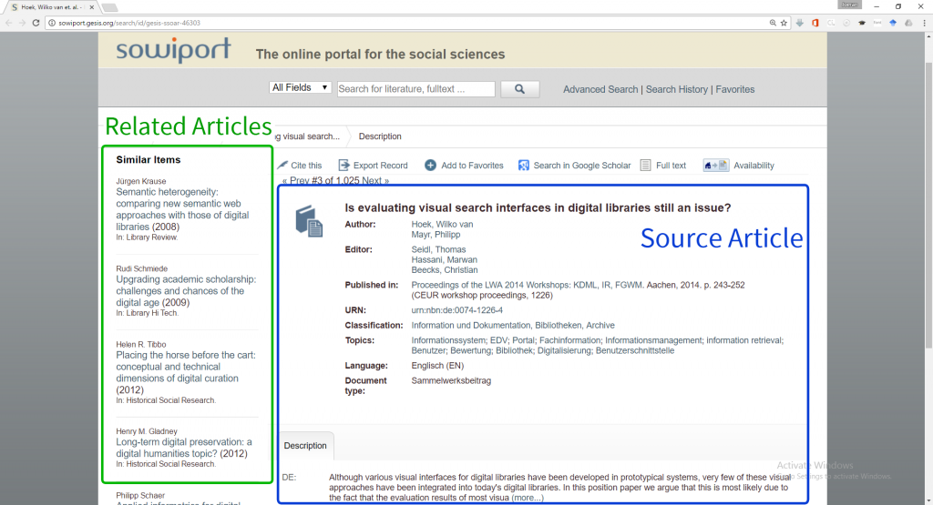 Figure 1: Sowiport’s website with a source-article (blue) and related-article recommendations (green)