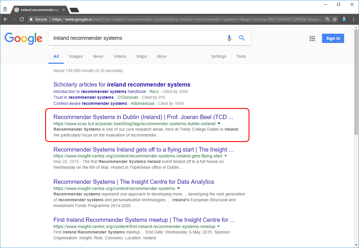 'ireland recommender systems' Google results