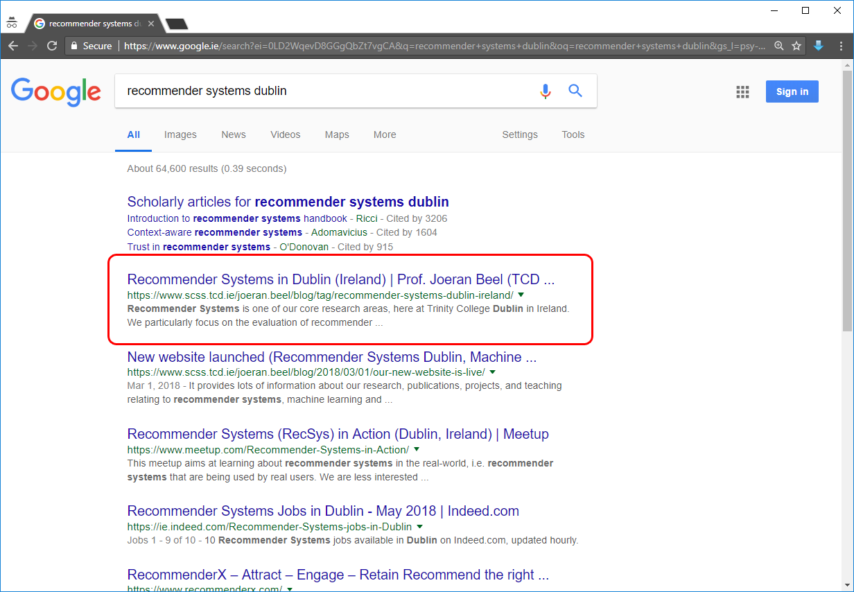 'recommender systems dublin' Google results
