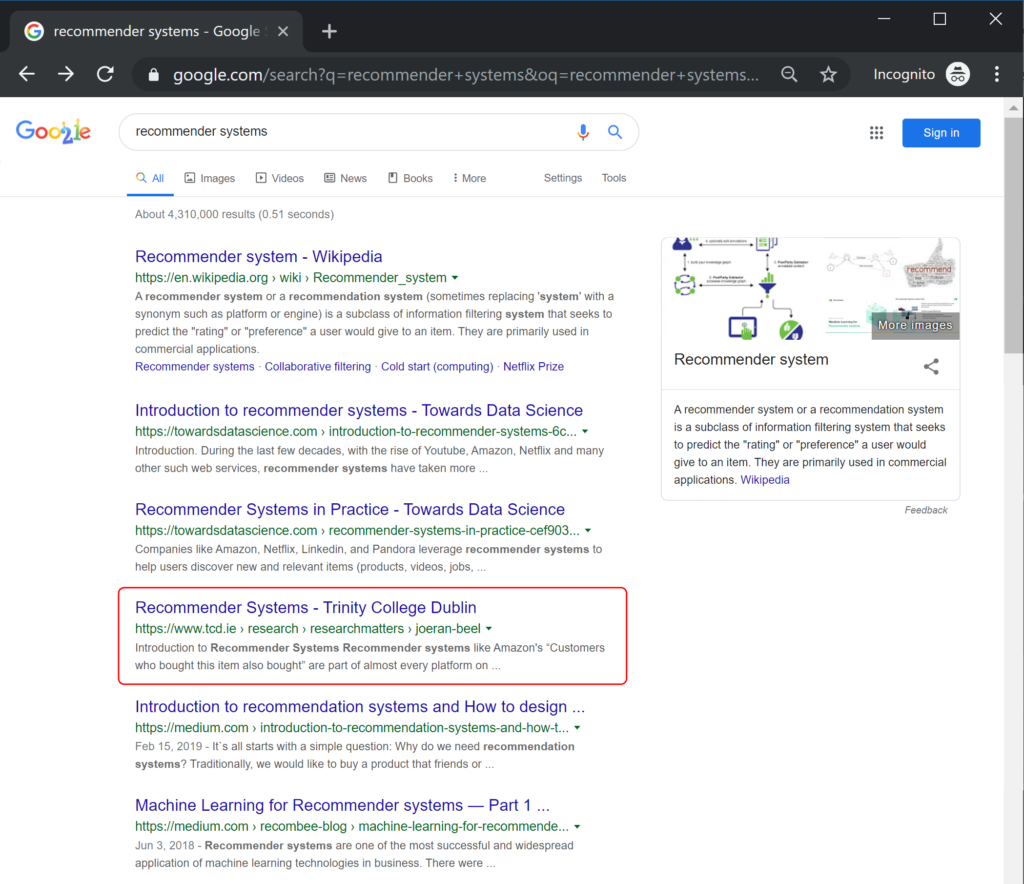 Google Ranking for the search term "Recommender Systems"