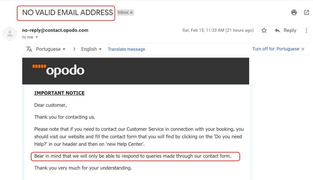 Opodo Review: Sending Emails from No-Reply address