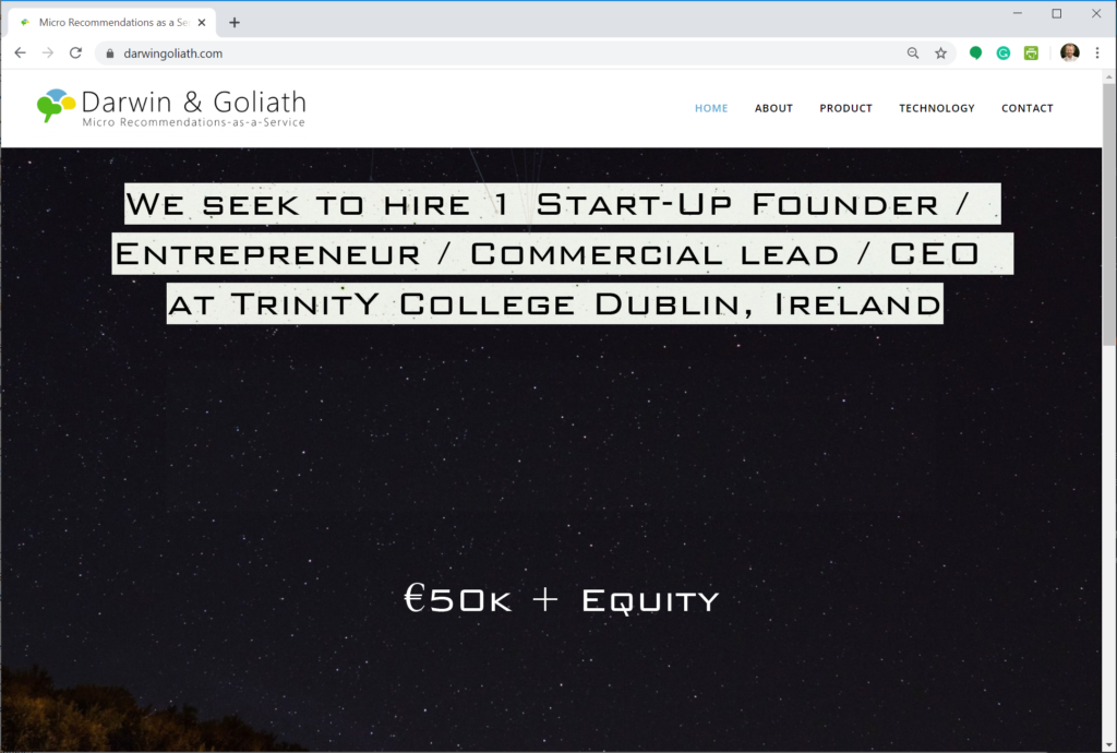 Start-Up Founder, Darwin & Goliath, Recommendations As a Service
