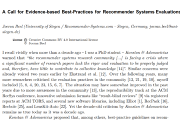 Recommender System Evaluation, Evidence Based, Screenshot