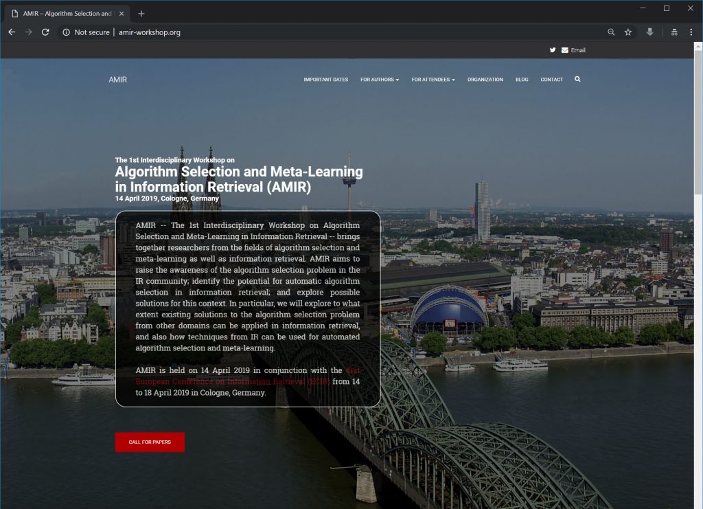 Screenshot of the Homepage of the 1st Interdisciplinary Workshop on Algorithm Selection and Meta-Learning in Information Retrieval (AMIR)
