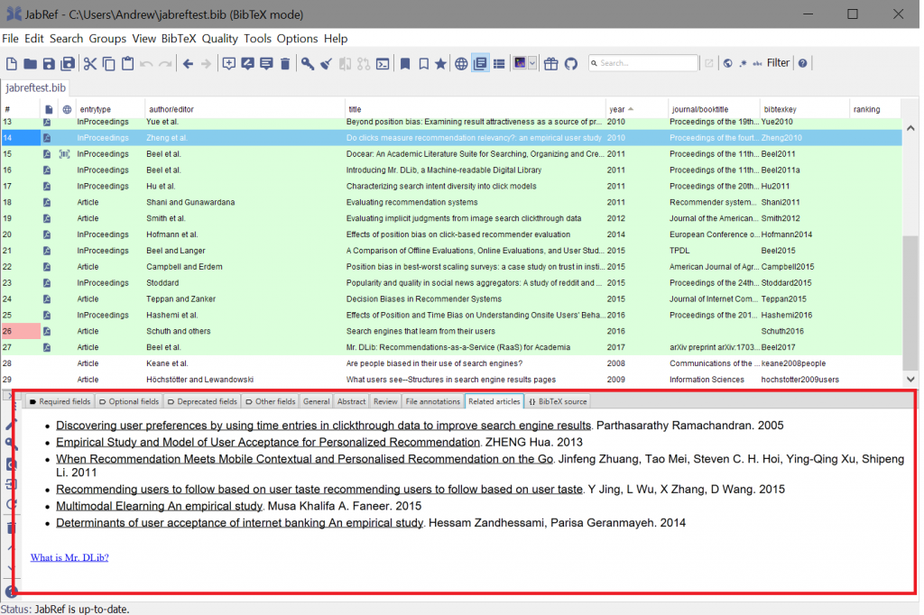  Recommendations highlighted in Jabref (top) and for Sowiport (bottom). Users of Jabref choose to see recommendations by clicking the ‘Related Articles’ tab. Recommendations are always shown to Sowiport users on each item’s detail page.