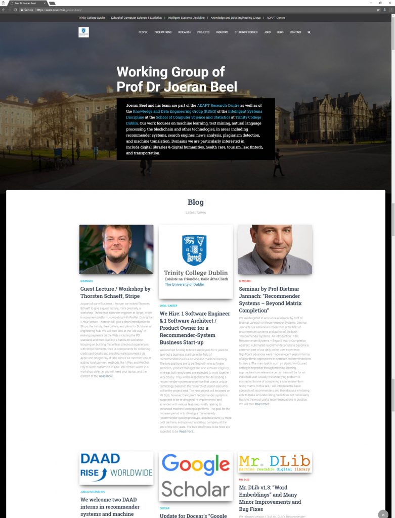 Homepage of the Working Group of Prof Dr Joeran Beel, TCD Dublin, Ireland