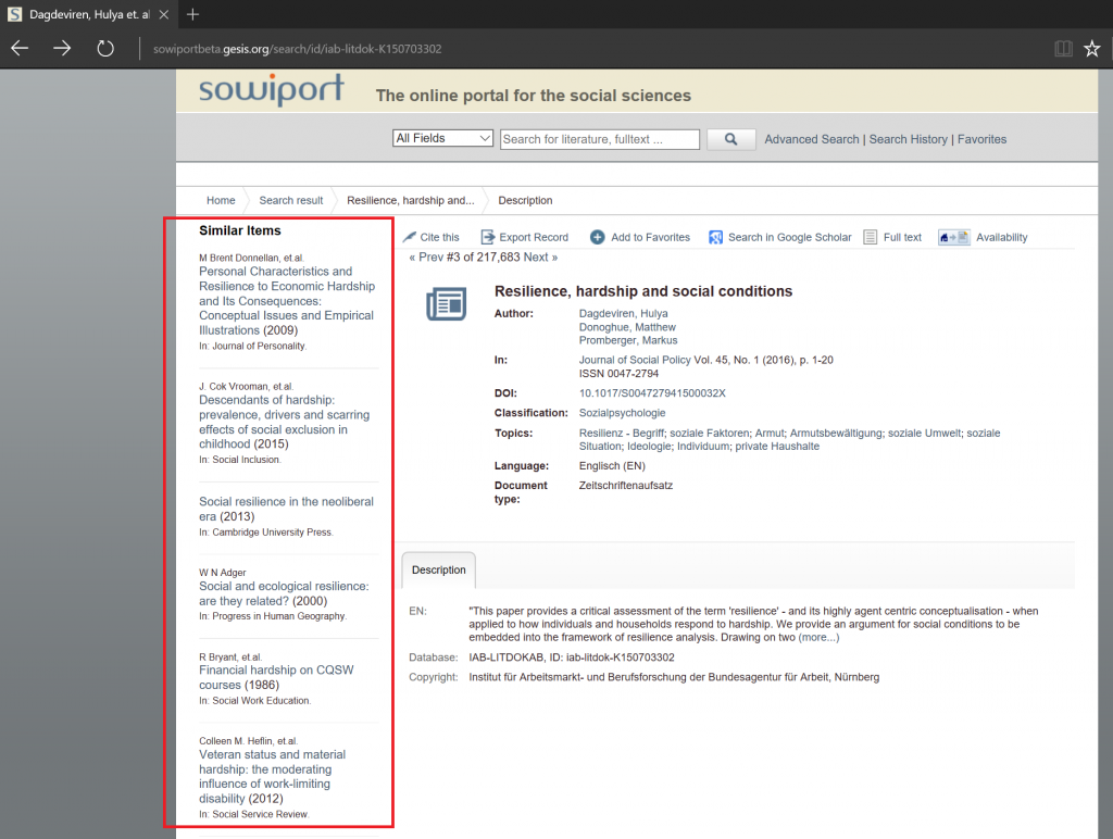  Recommendations highlighted in Jabref (top) and for Sowiport (bottom). Users of Jabref choose to see recommendations by clicking the ‘Related Articles’ tab. Recommendations are always shown to Sowiport users on each item’s detail page.